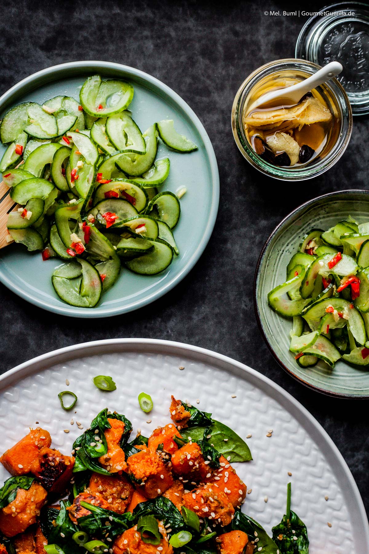 {Vegan} Fried Sweet Potatoes with Sesame Spinach and Asian Cucumber Salad | GourmetGuerilla.com