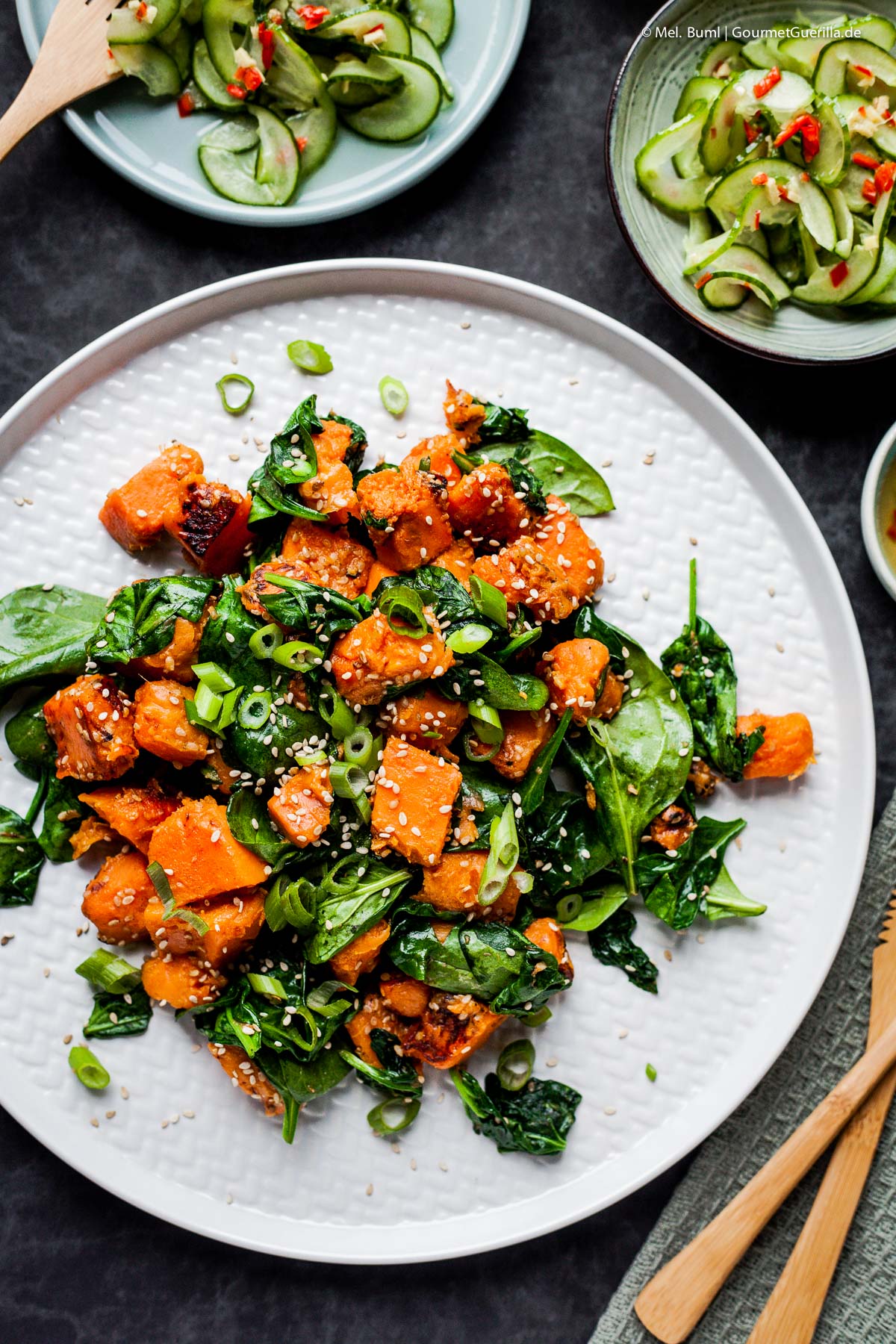  {Vegan} Fried sweet potatoes with sesame spinach and Asian cucumber salad | itemprop = 