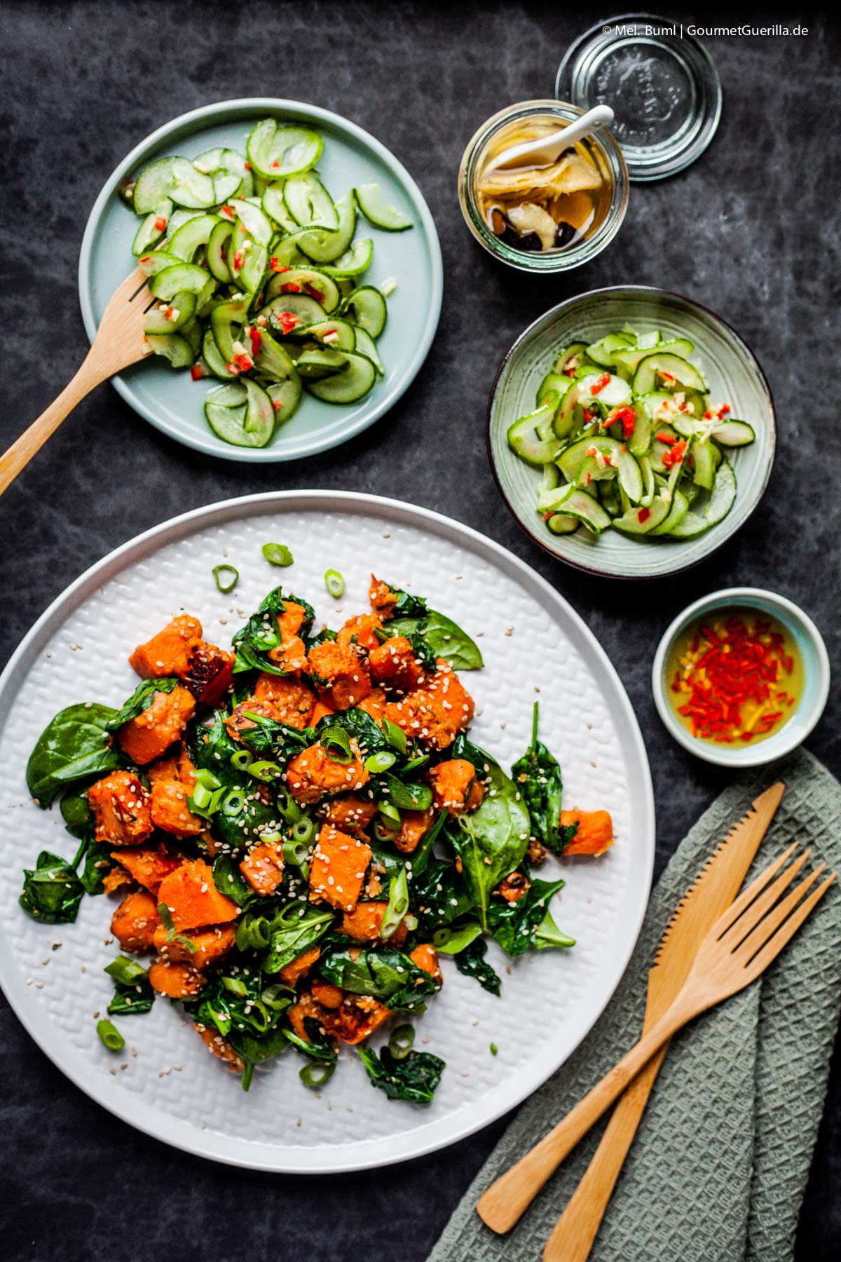 {Vegan} Roasted Sweet Potatoes with Sesame Spinach and Asian Cucumber Salad | GourmetGuerilla.com